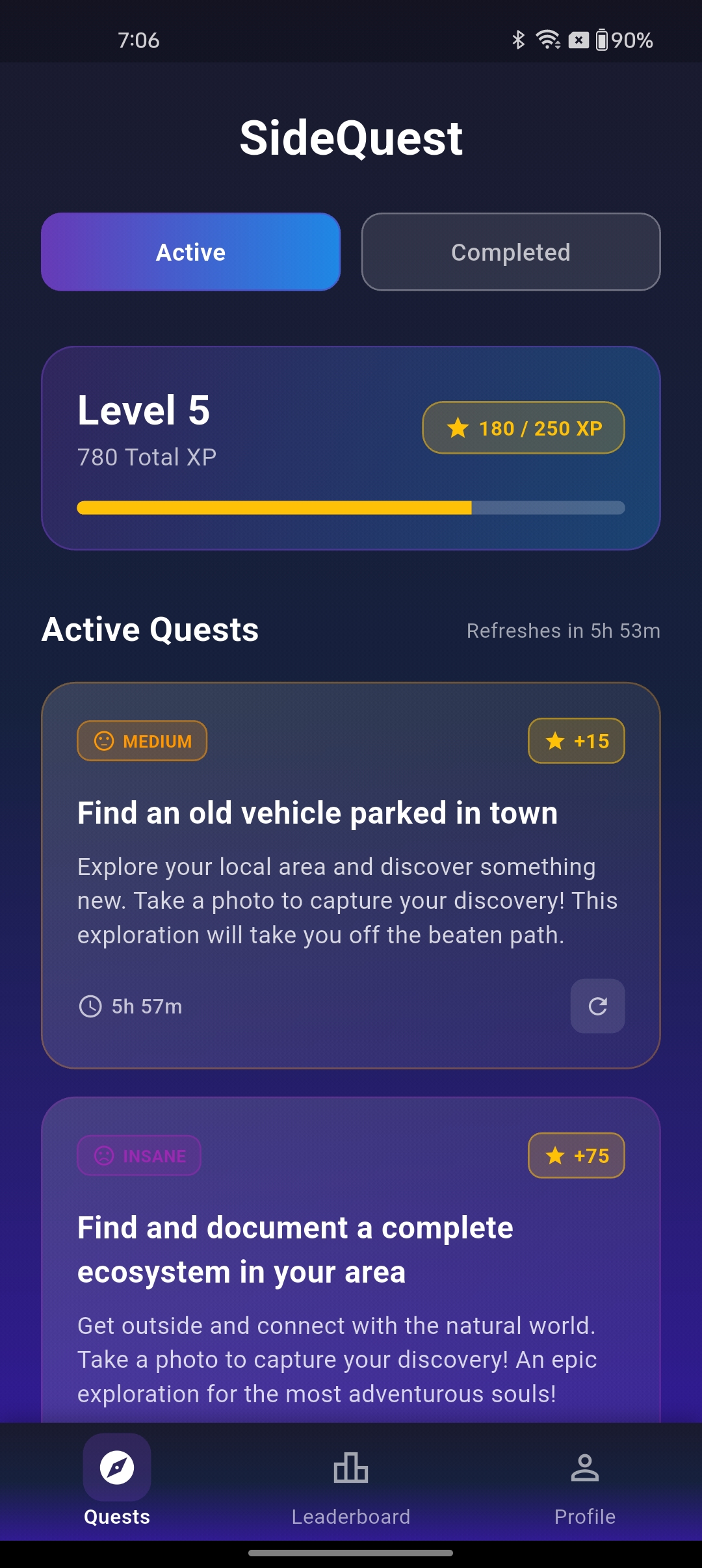 Questly photo submission screen for quest completion verification